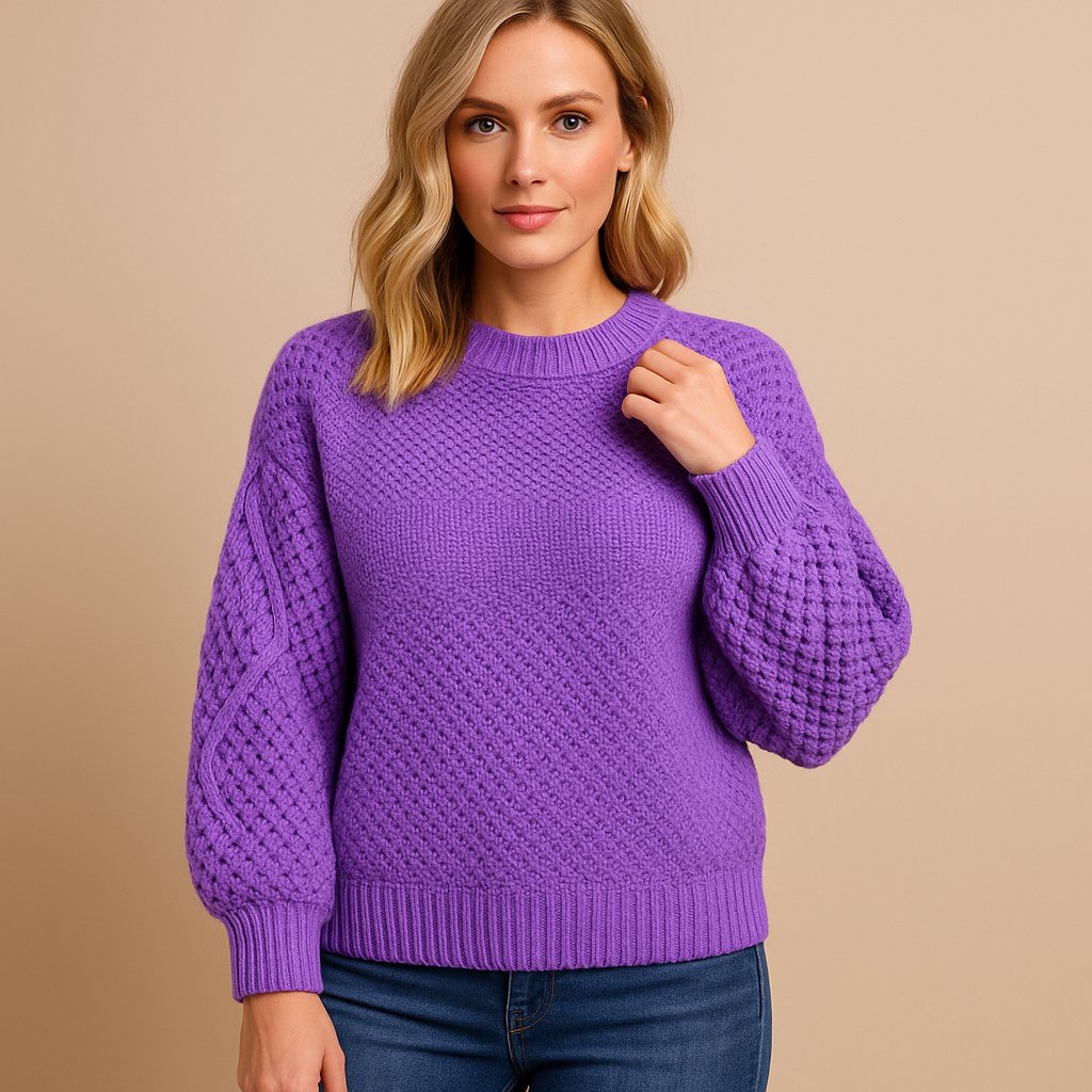 Emma | Dames Zachte Gebreide Crew-Neck Pullover met Kabelpatroon Mouwen