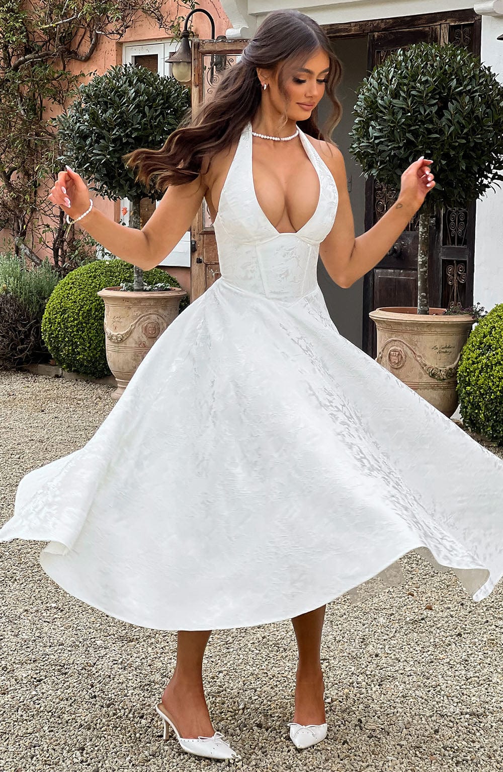 Phoebe | Dames Bruiloft Gasten Halter Midi Jurk