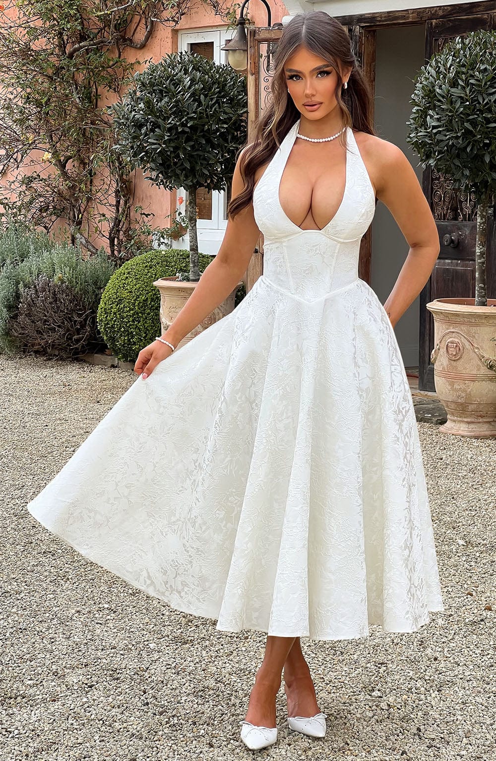 Phoebe | Dames Bruiloft Gasten Halter Midi Jurk