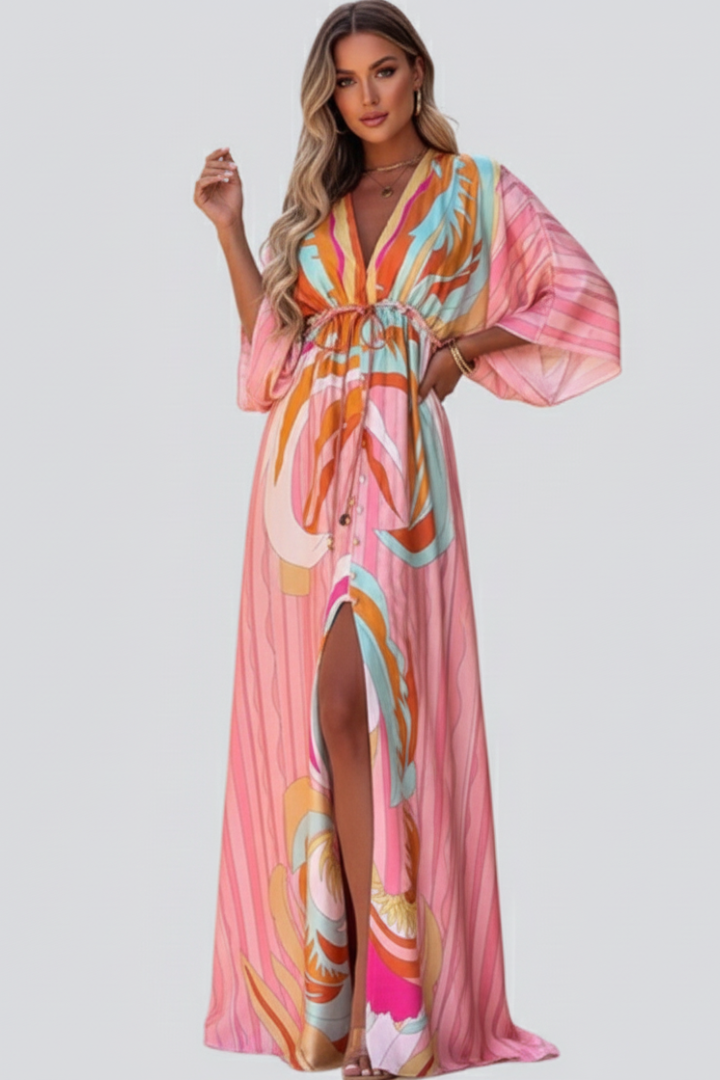 Sienna | Dames Maxi Jurk met Print, V-Hals en Riem