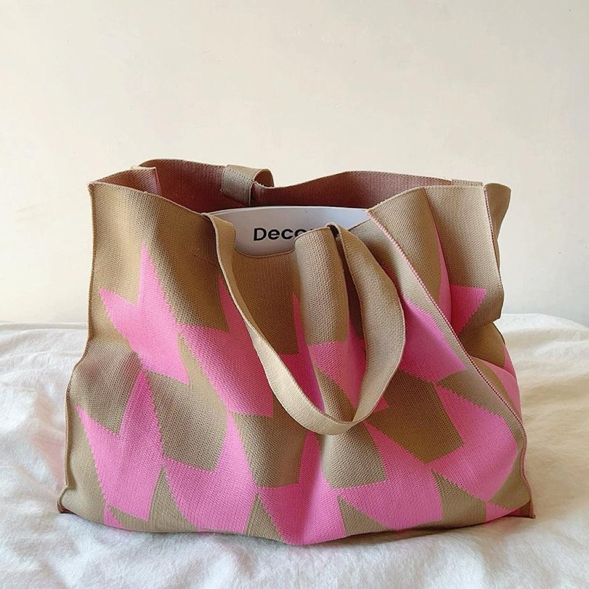 Nora | Grafische Canvas Tote Bag Ruime Beige Roze Shopper