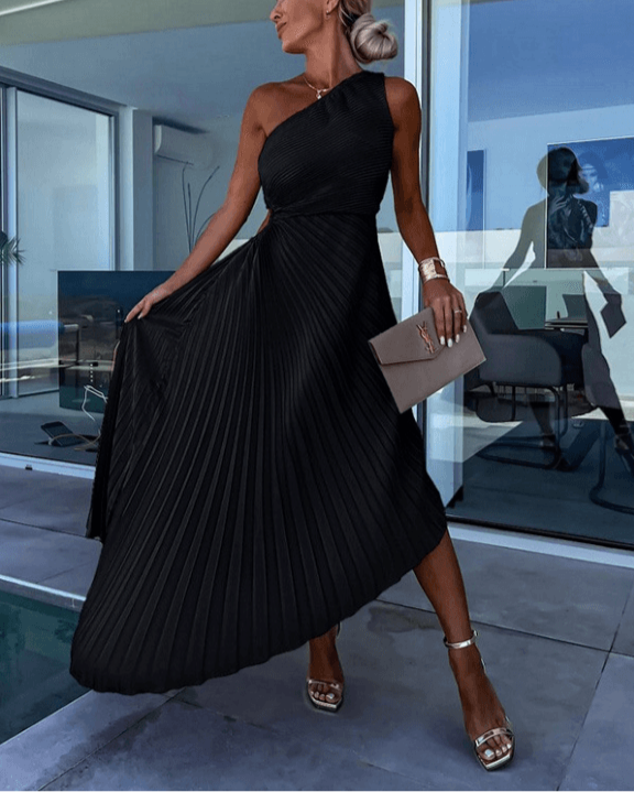 Aubrey | Dames Bruidsgast Jurk One Shoulder Plissé Maxijurk