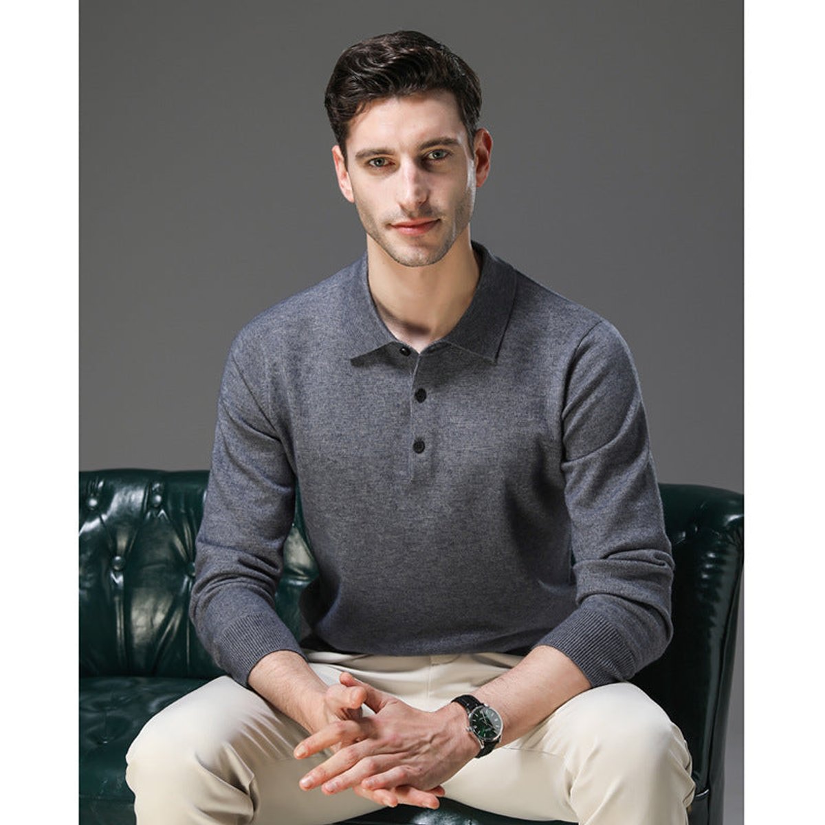 Liam | Heren Gebreide Kasjmier Polo Pullover Sweater met Kraag