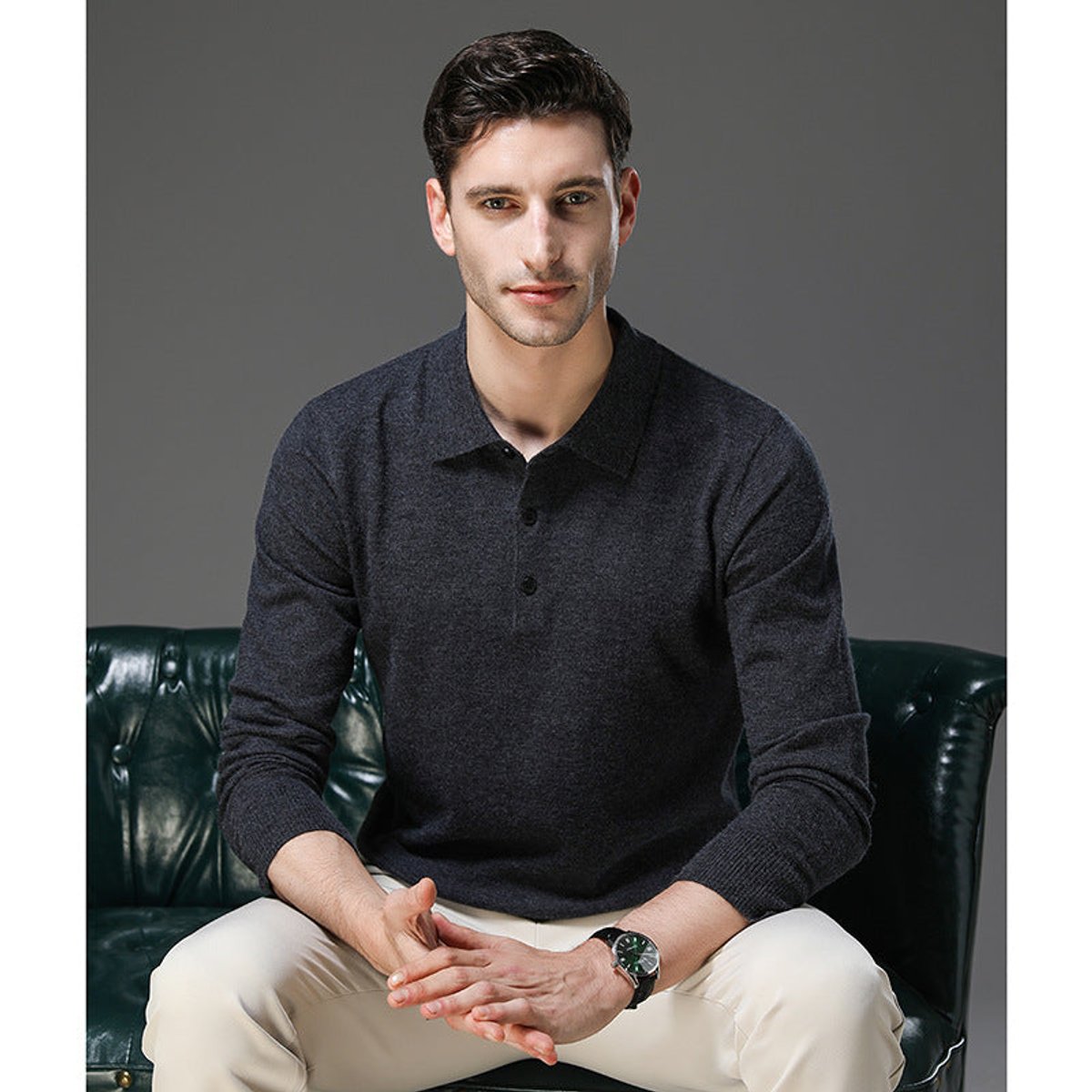 Liam | Heren Gebreide Kasjmier Polo Pullover Sweater met Kraag