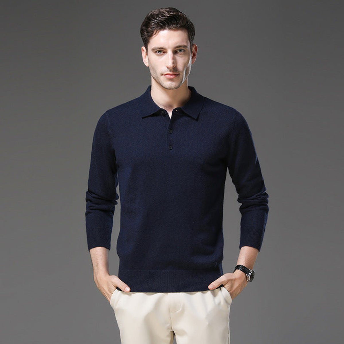 Liam | Heren Gebreide Kasjmier Polo Pullover Sweater met Kraag
