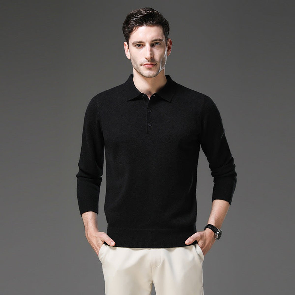 Liam | Heren Gebreide Kasjmier Polo Pullover Sweater met Kraag