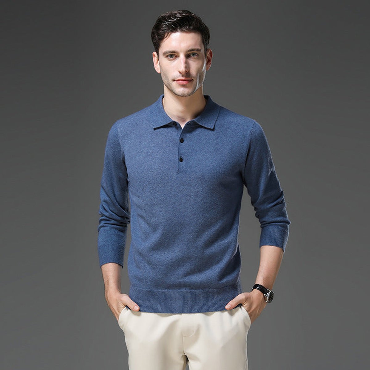 Liam | Heren Gebreide Kasjmier Polo Pullover Sweater met Kraag