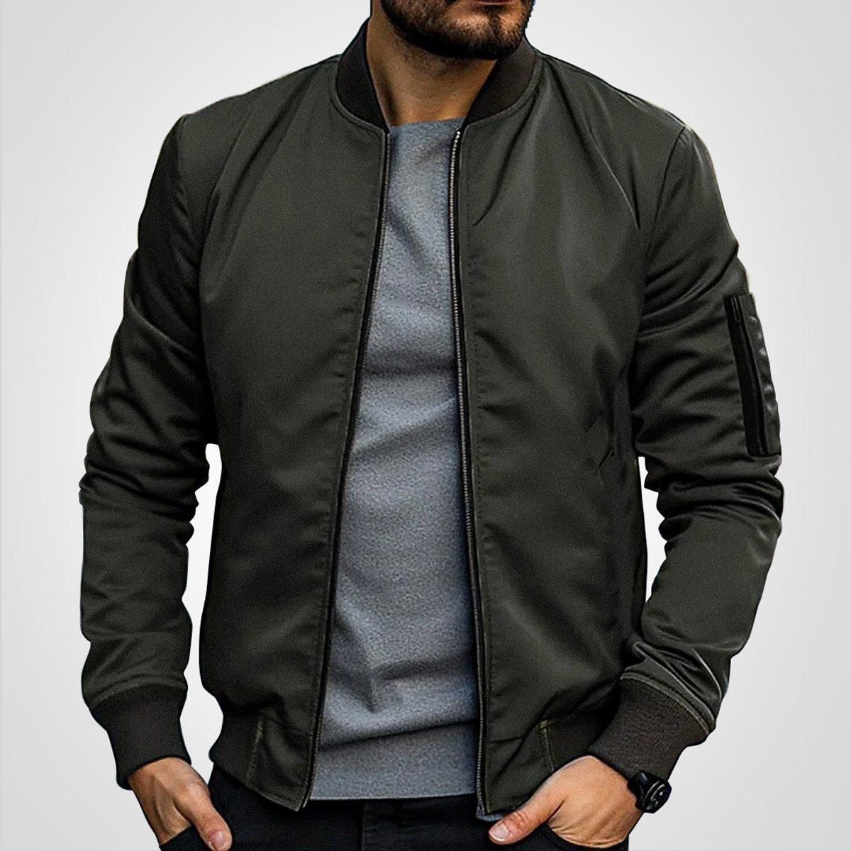 Thijs | Heren Klassieke Bomber Jacket Gevoerde Ritssluiting Bomberjack