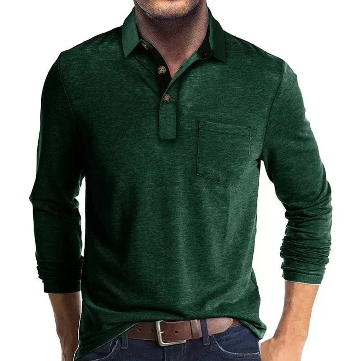 Thijs | Heren Langarm Poloshirt met Borstzak Klassieke Kraag
