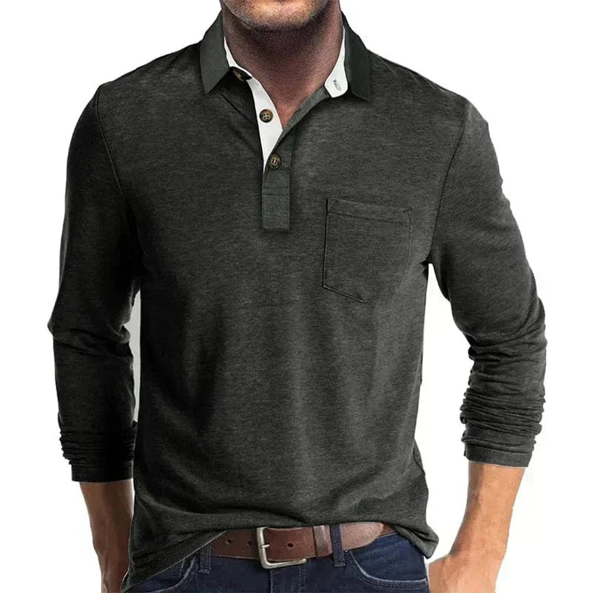 Thijs | Heren Langarm Poloshirt met Borstzak Klassieke Kraag