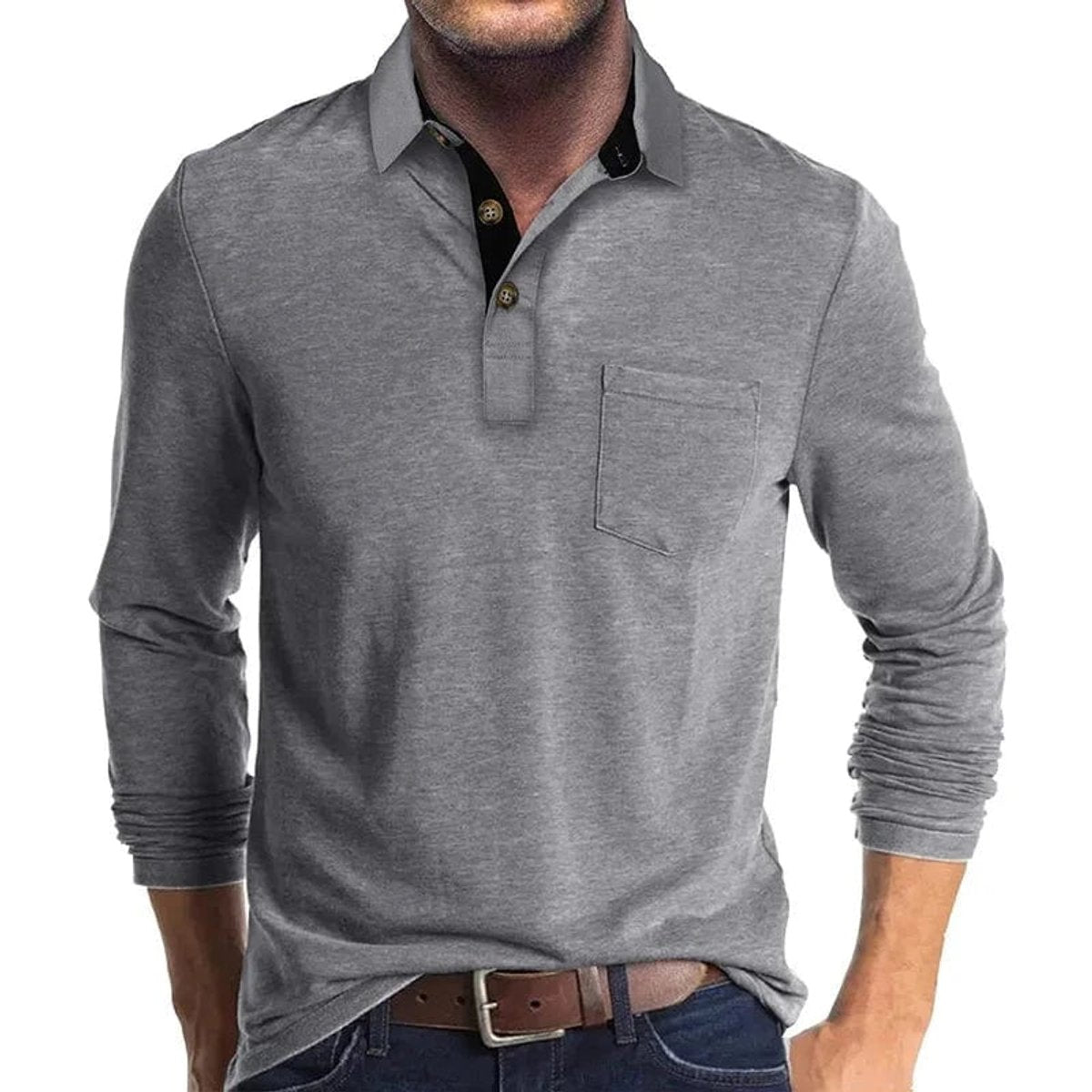 Thijs | Heren Langarm Poloshirt met Borstzak Klassieke Kraag