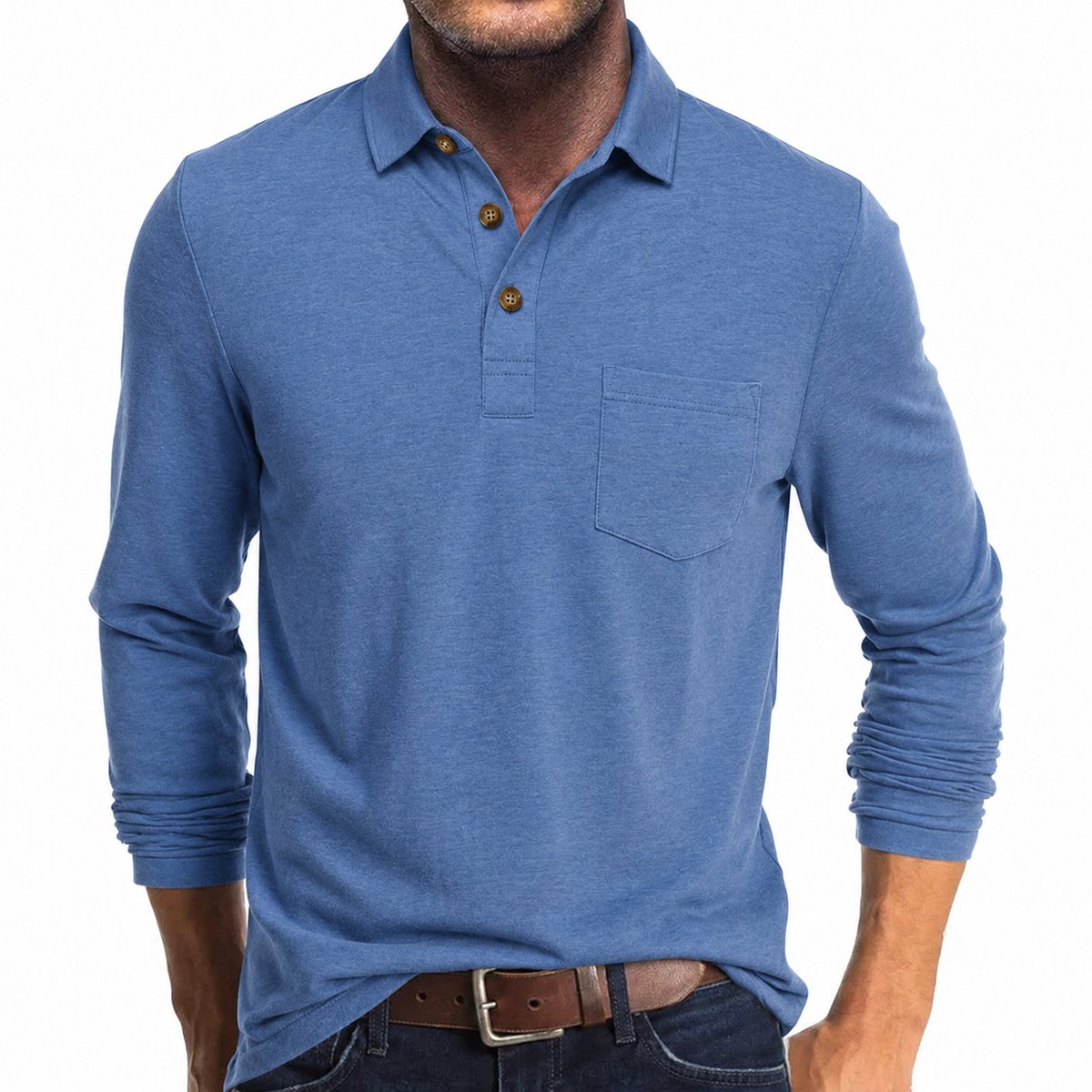 Thijs | Heren Langarm Poloshirt met Borstzak Klassieke Kraag