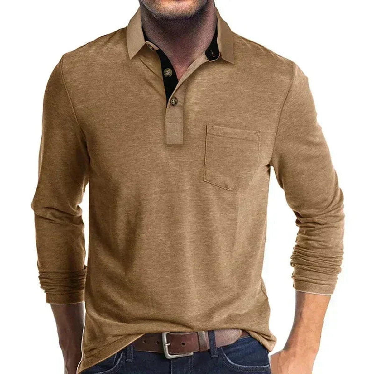 Thijs | Heren Langarm Poloshirt met Borstzak Klassieke Kraag