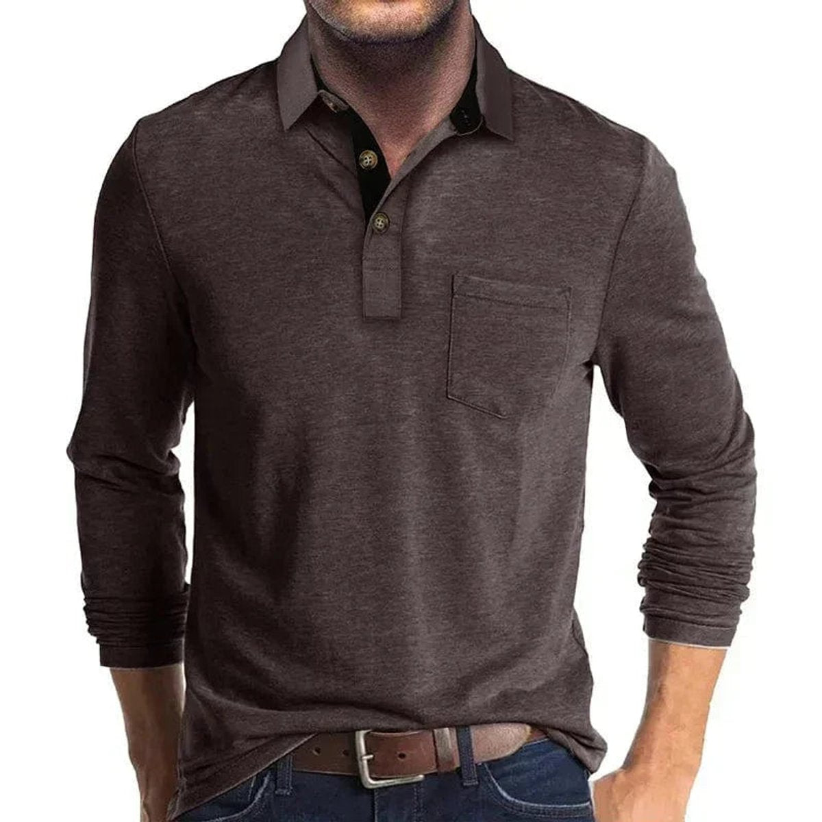 Thijs | Heren Langarm Poloshirt met Borstzak Klassieke Kraag