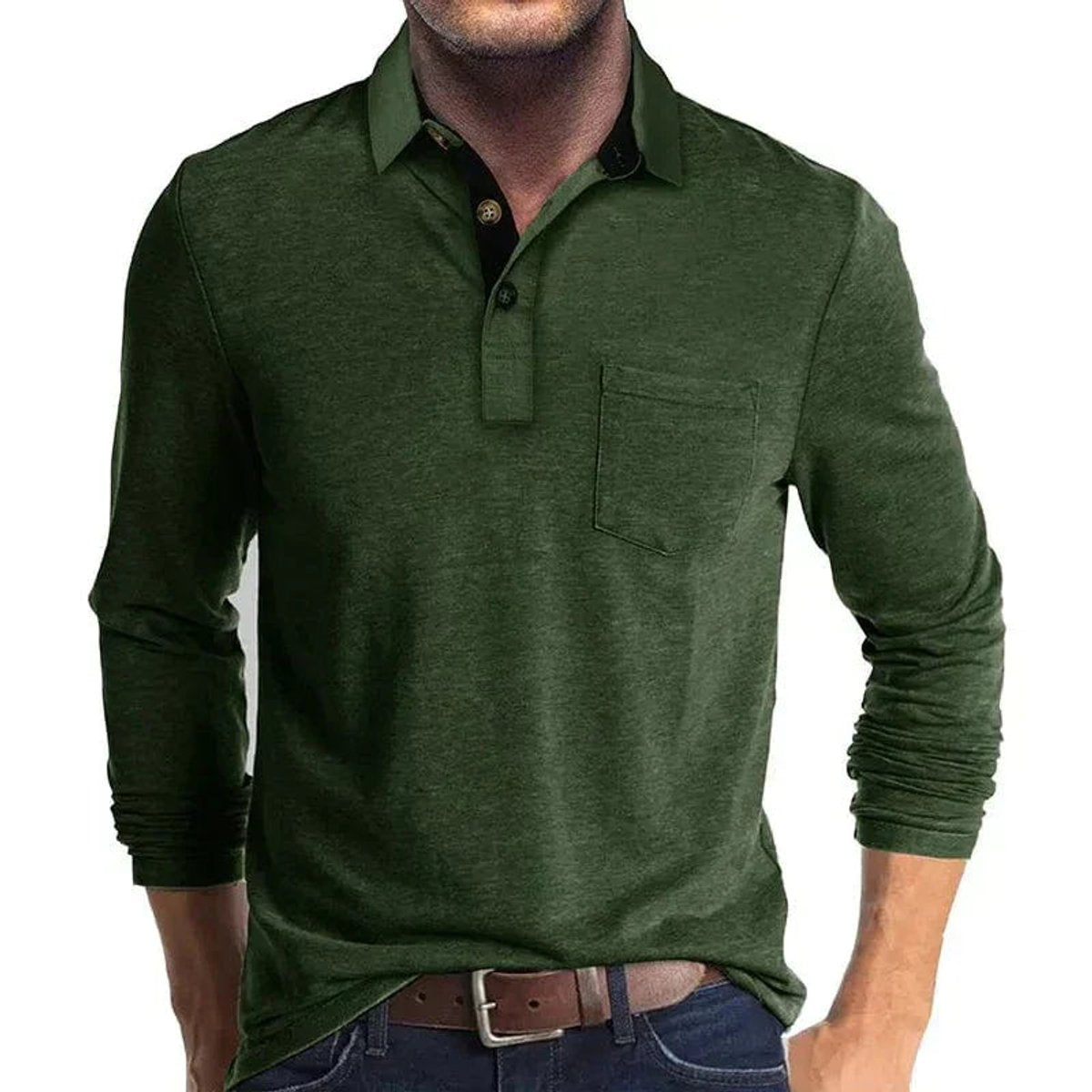 Thijs | Heren Langarm Poloshirt met Borstzak Klassieke Kraag