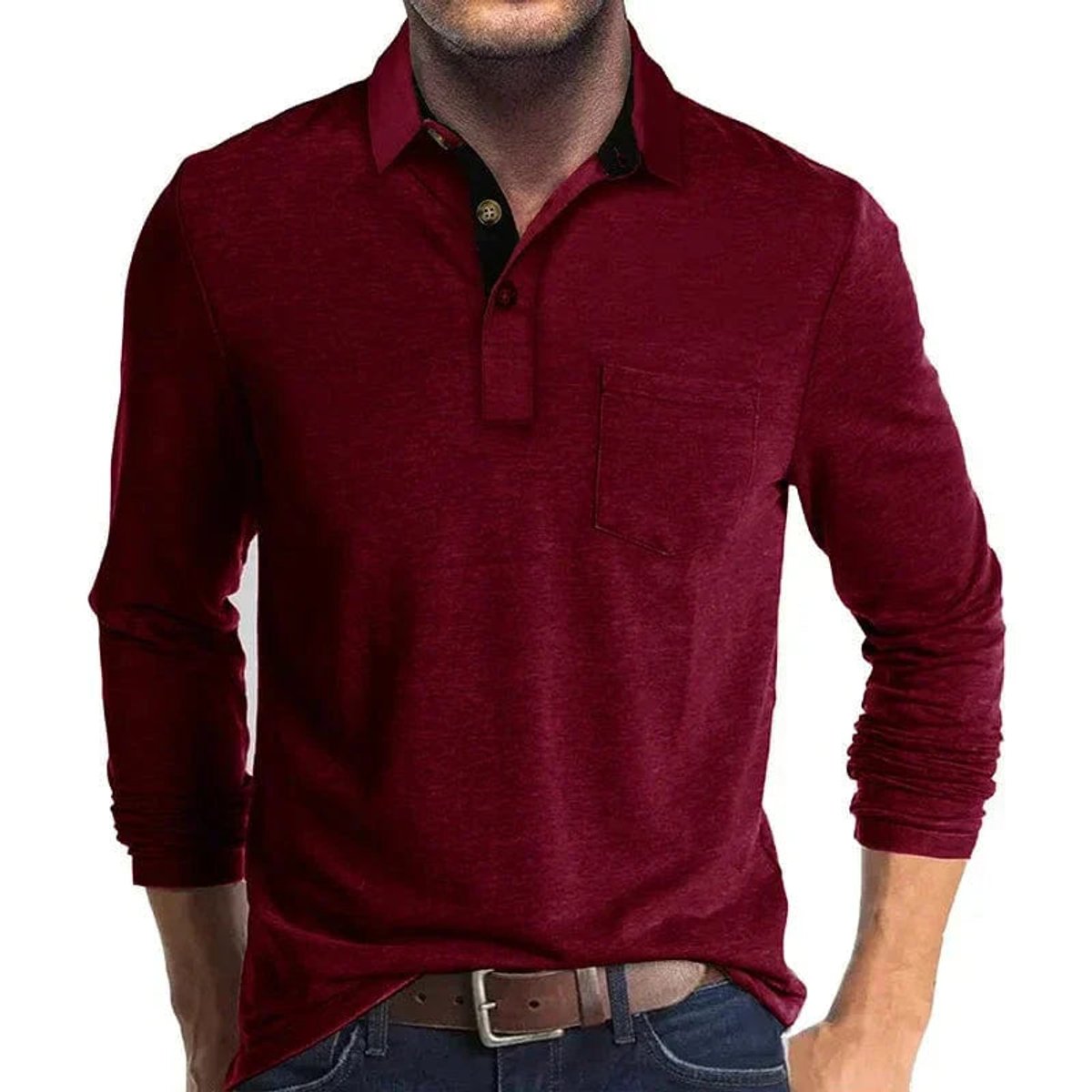 Thijs | Heren Langarm Poloshirt met Borstzak Klassieke Kraag