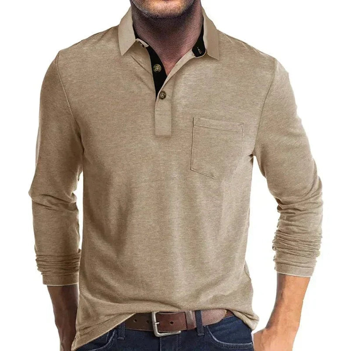 Thijs | Heren Langarm Poloshirt met Borstzak Klassieke Kraag