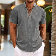 Bram | Heren Linnen Korte Mouw Henley Zomershirt Knoopsluiting