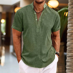 Bram | Heren Linnen Korte Mouw Henley Zomershirt Knoopsluiting