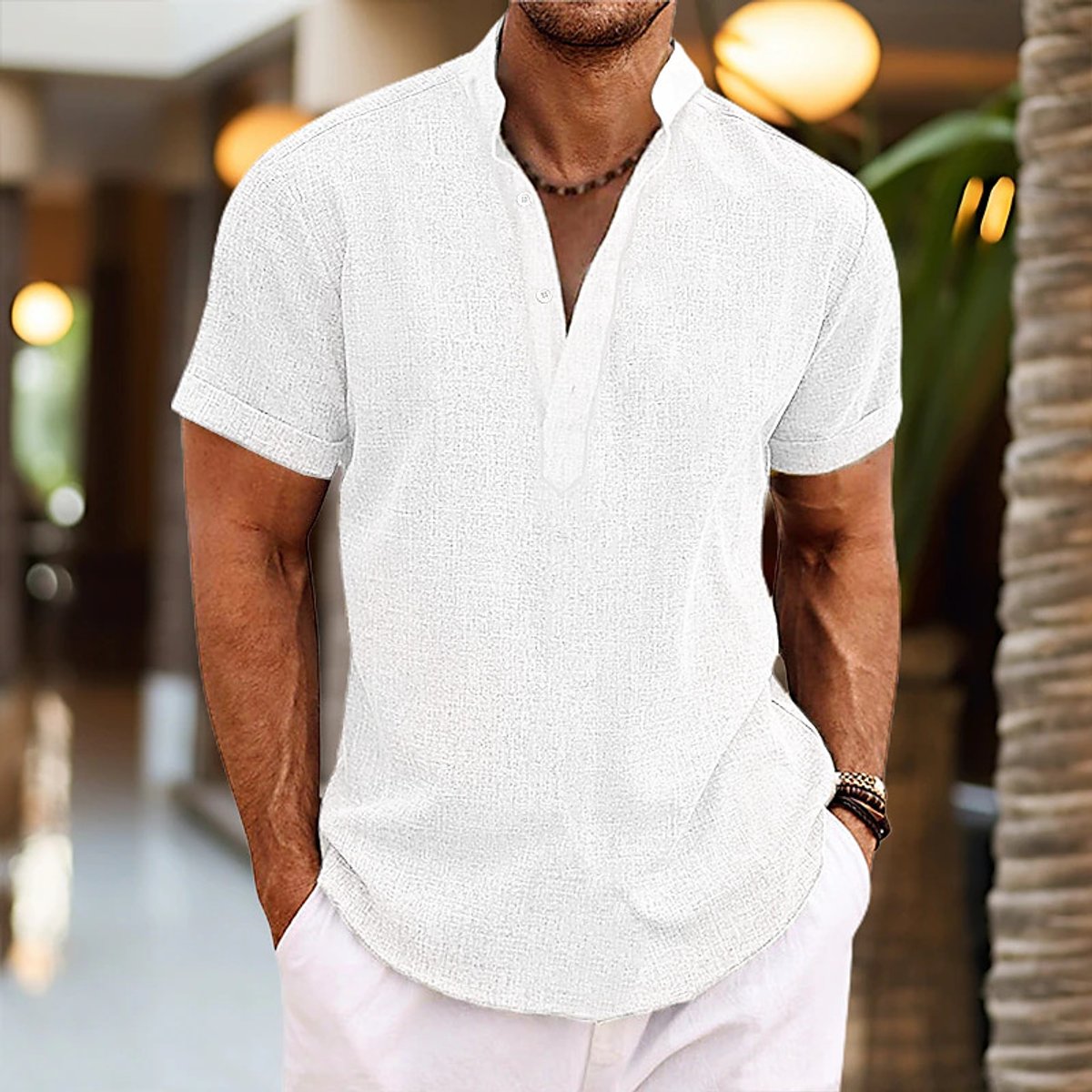 Bram | Heren Linnen Korte Mouw Henley Zomershirt Knoopsluiting