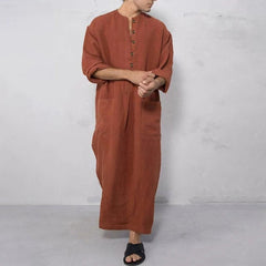 Finn | Heren Linnen Maxi Tunic Wijde Kaftan Stehkraag Knoopsluiting