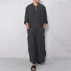 Finn | Heren Linnen Maxi Tunic Wijde Kaftan Stehkraag Knoopsluiting