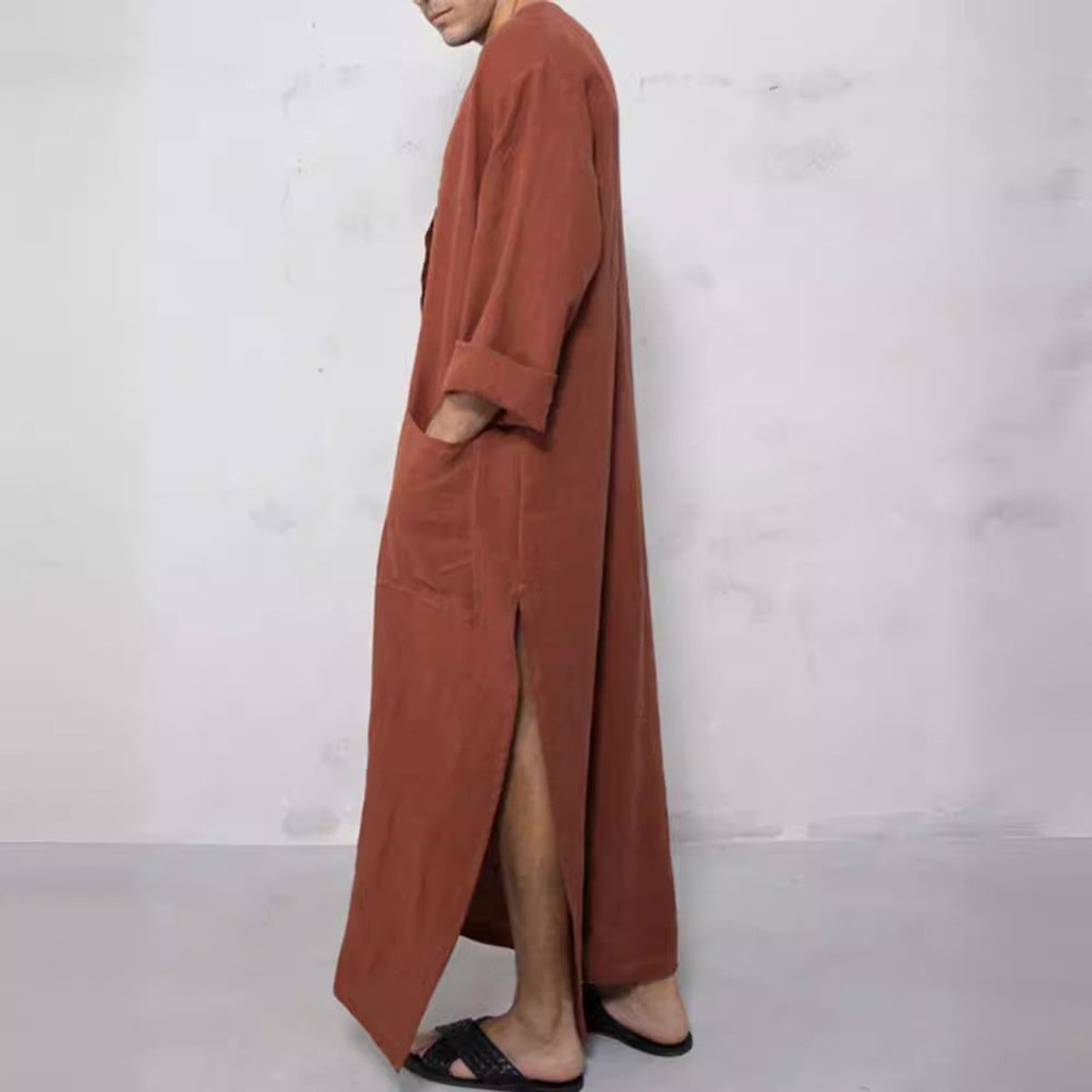 Finn | Heren Linnen Maxi Tunic Wijde Kaftan Stehkraag Knoopsluiting