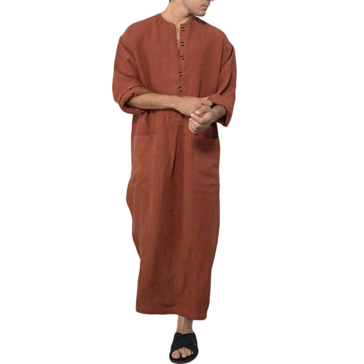 Finn | Heren Linnen Maxi Tunic Wijde Kaftan Stehkraag Knoopsluiting