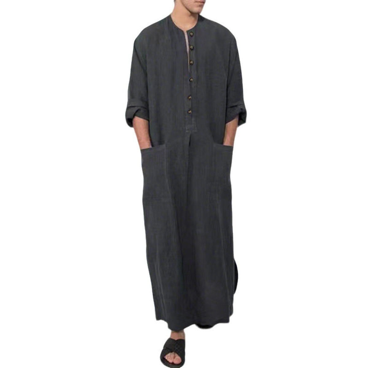 Finn | Heren Linnen Maxi Tunic Wijde Kaftan Stehkraag Knoopsluiting