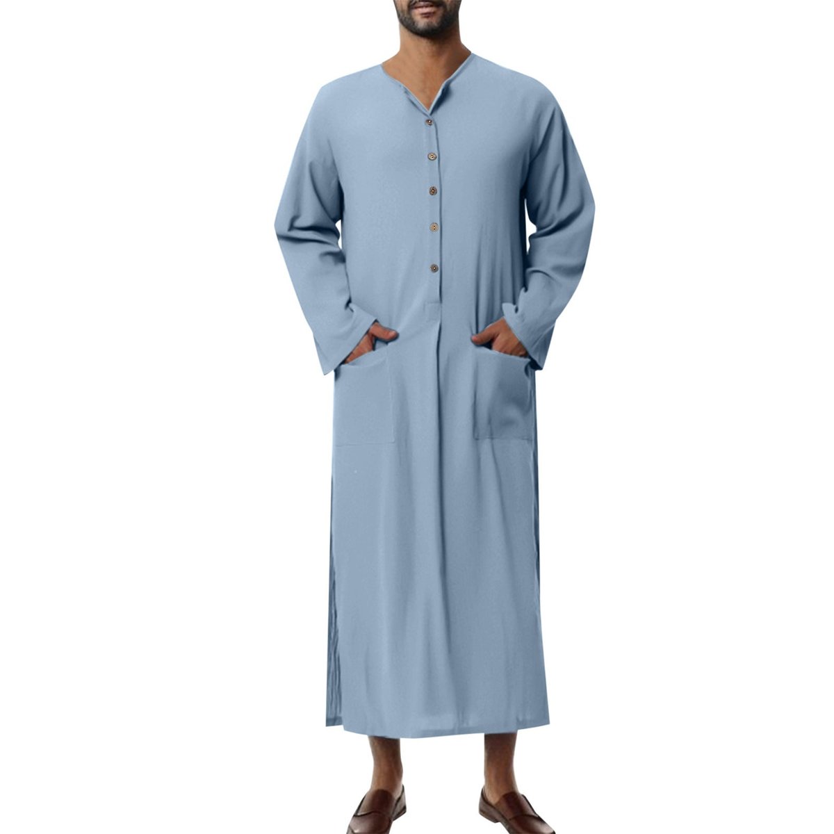 Finn | Heren Linnen Maxi Tunic Wijde Kaftan Stehkraag Knoopsluiting