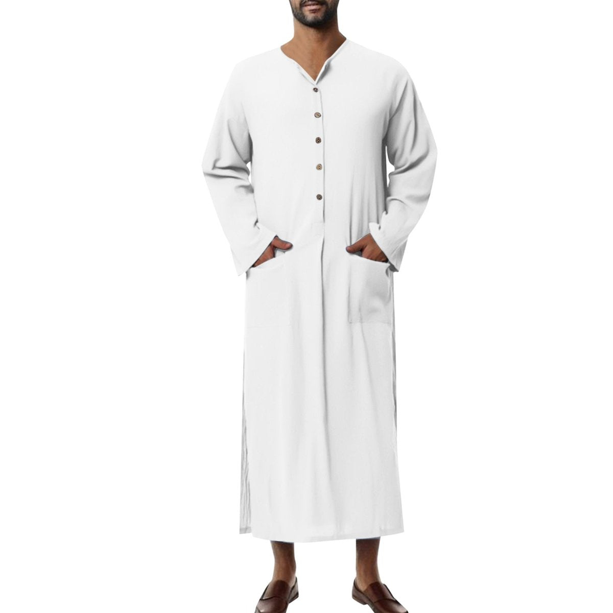 Finn | Heren Linnen Maxi Tunic Wijde Kaftan Stehkraag Knoopsluiting