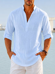 Mees | Heren Linnen Relaxed-Fit Henley Overhemd met Lange Mouwen