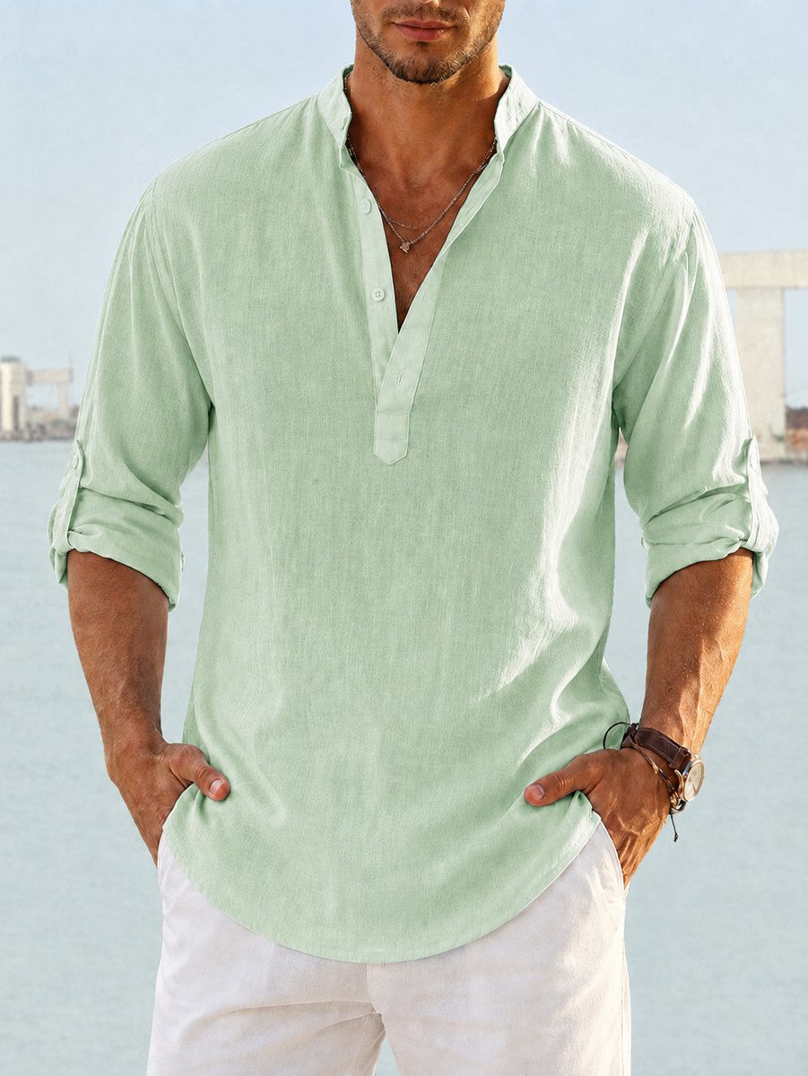 Mees | Heren Linnen Relaxed-Fit Henley Overhemd met Lange Mouwen