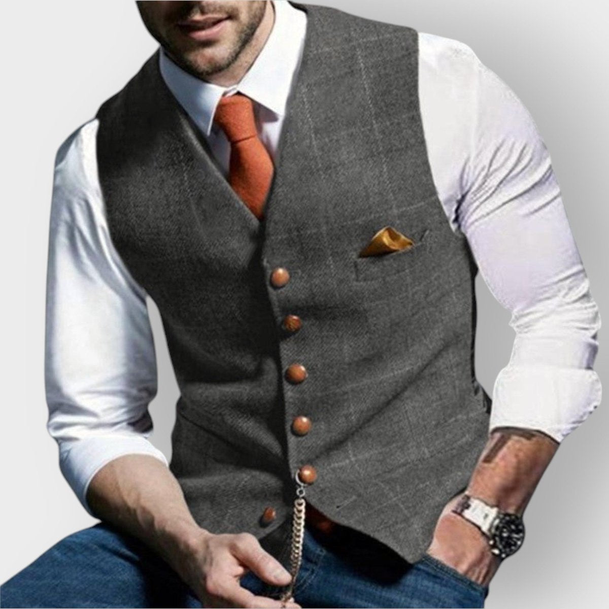 Noah | Heren Mens Gilet Tweed Geruite Knoop Vest met Pochet