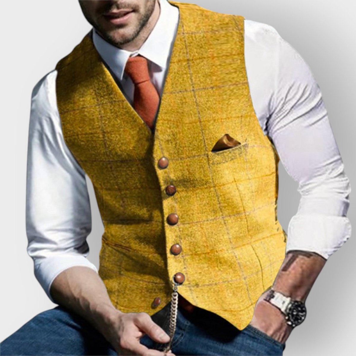 Noah | Heren Mens Gilet Tweed Geruite Knoop Vest met Pochet
