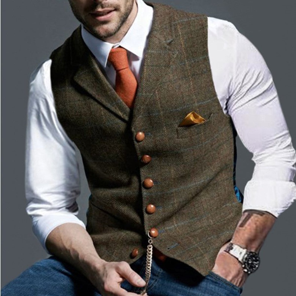 Noah | Heren Mens Gilet Tweed Geruite Knoop Vest met Pochet