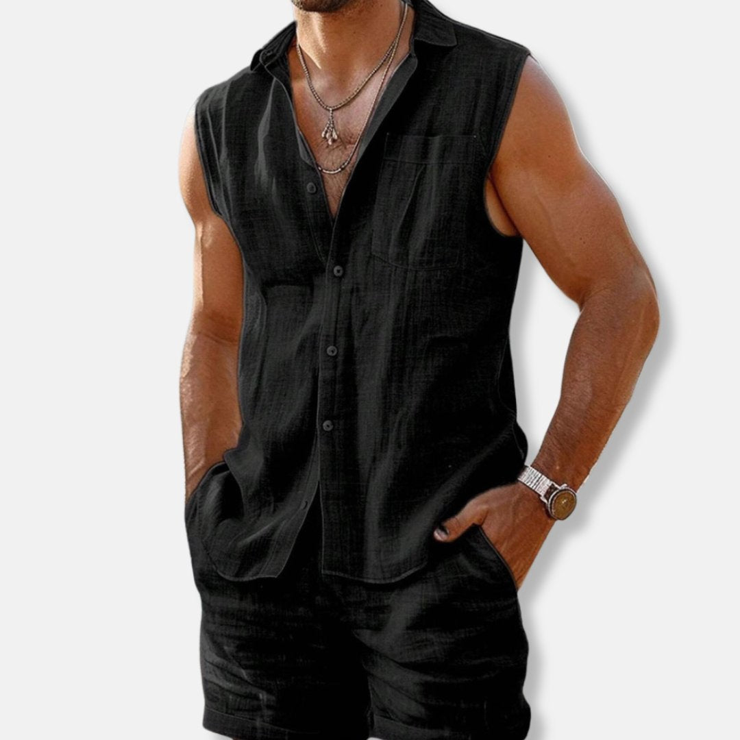 Jayden | Heren Mouwloos Linnen Button-Down Shirt Shorts Set