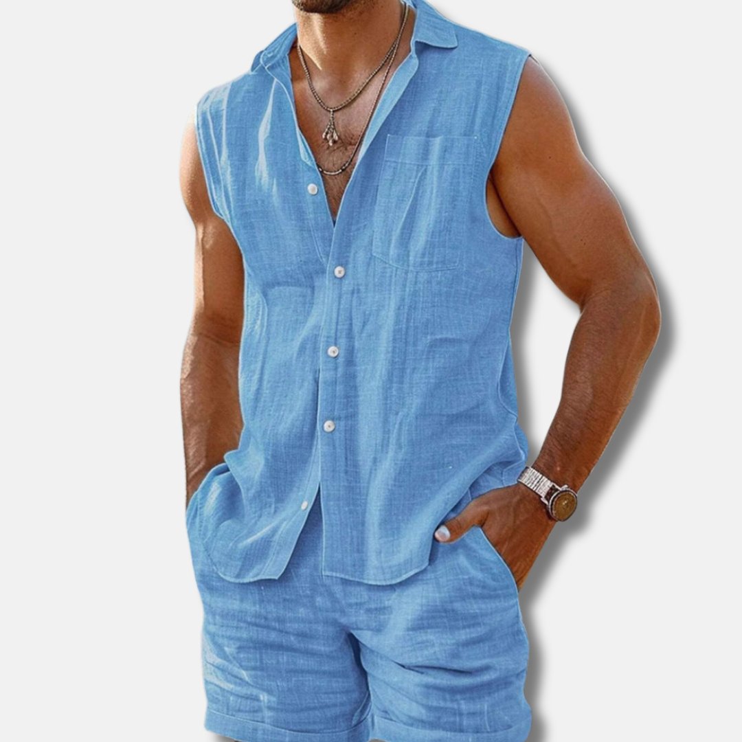 Jayden | Heren Mouwloos Linnen Button-Down Shirt Shorts Set