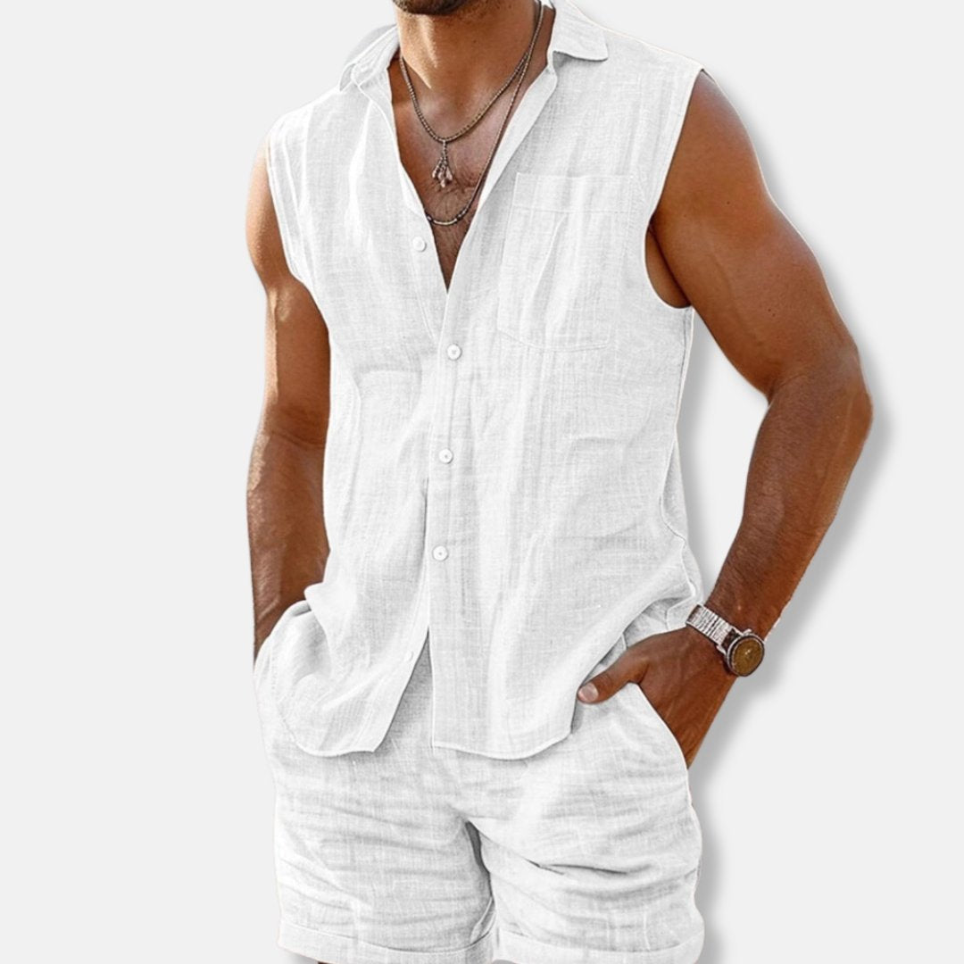 Jayden | Heren Mouwloos Linnen Button-Down Shirt Shorts Set