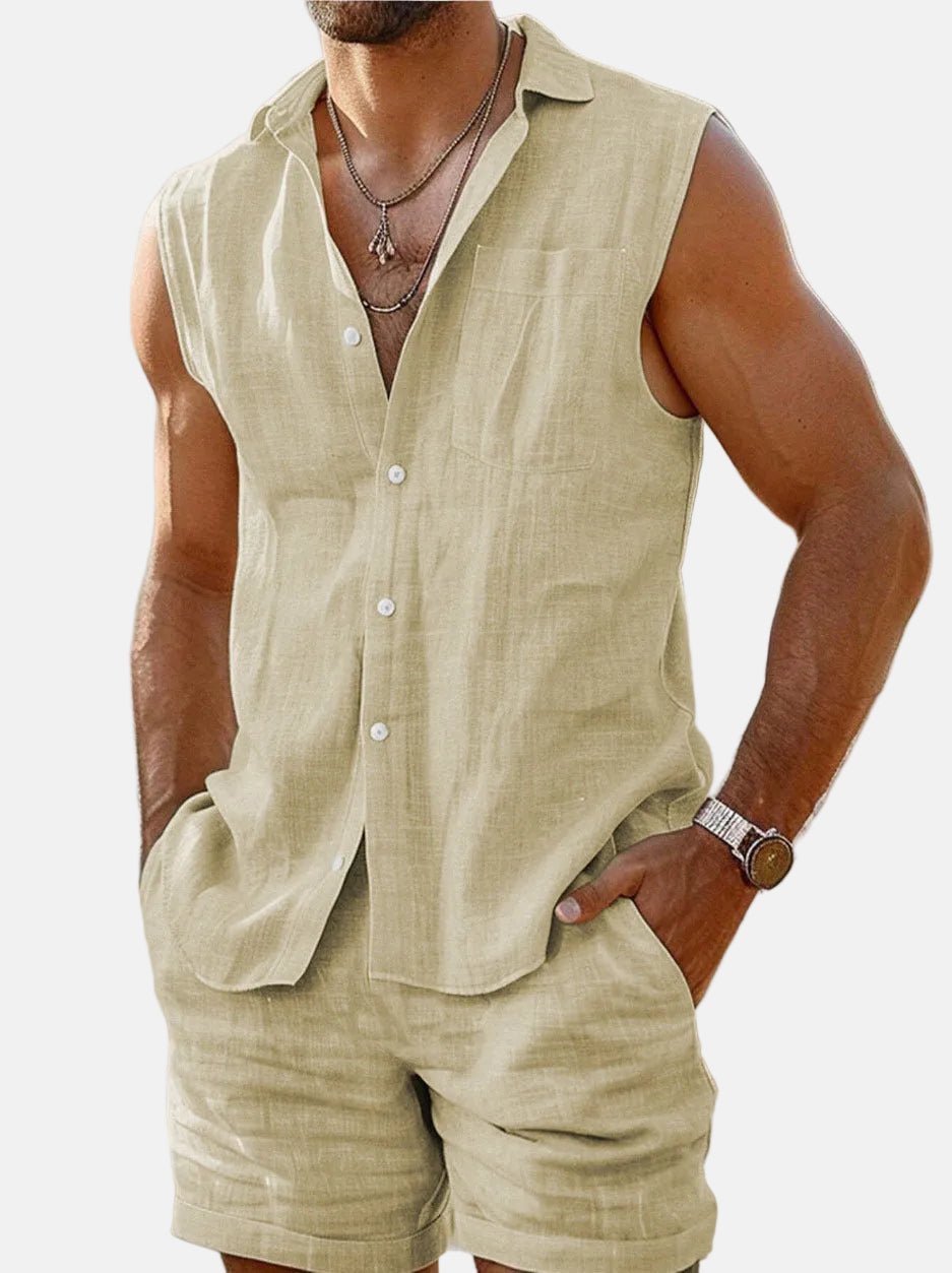 Jayden | Heren Mouwloos Linnen Button-Down Shirt Shorts Set