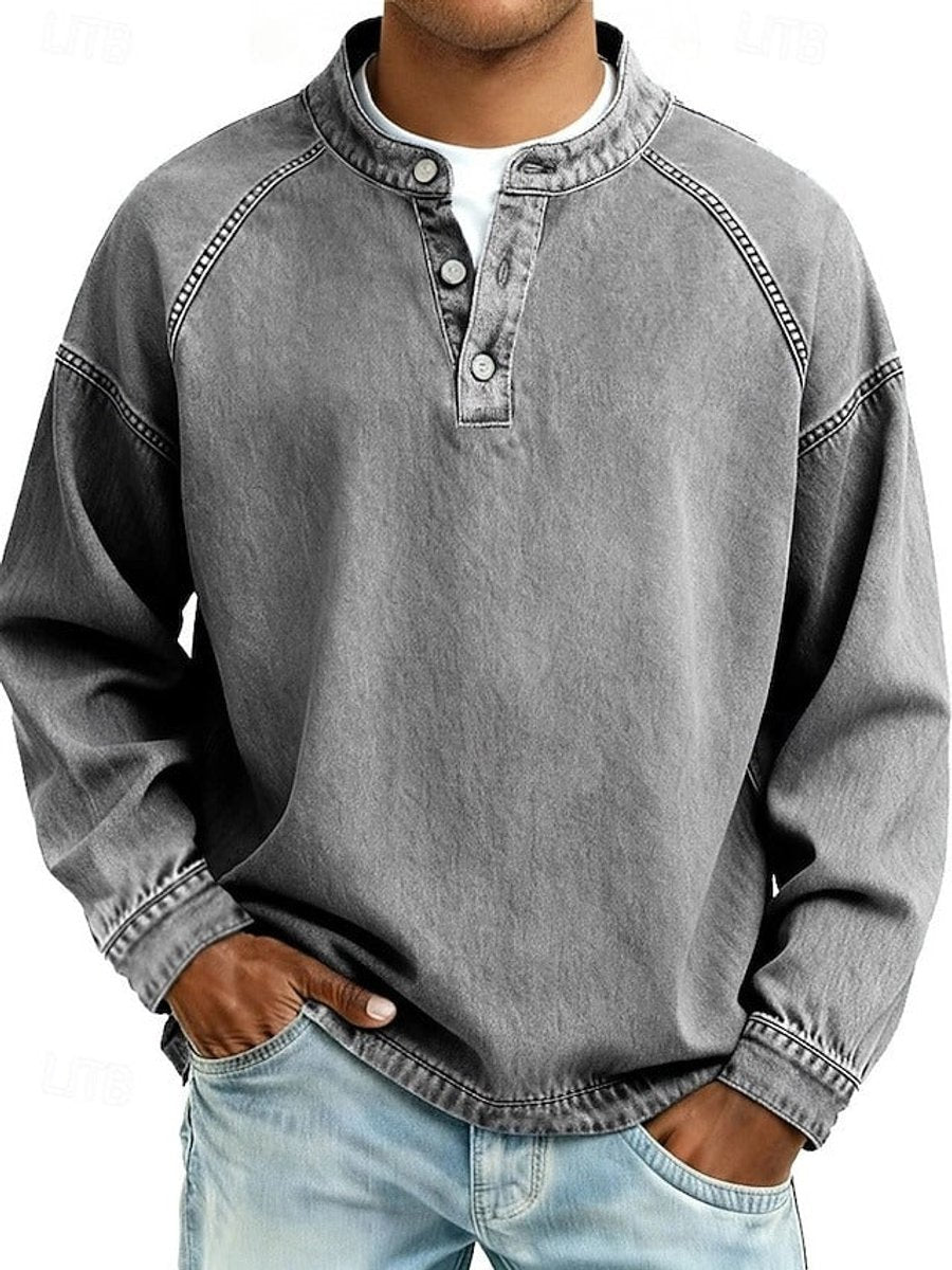 Sem | Heren Retro Henley Mens Knit Sweater Lange Mouwen Used-Look