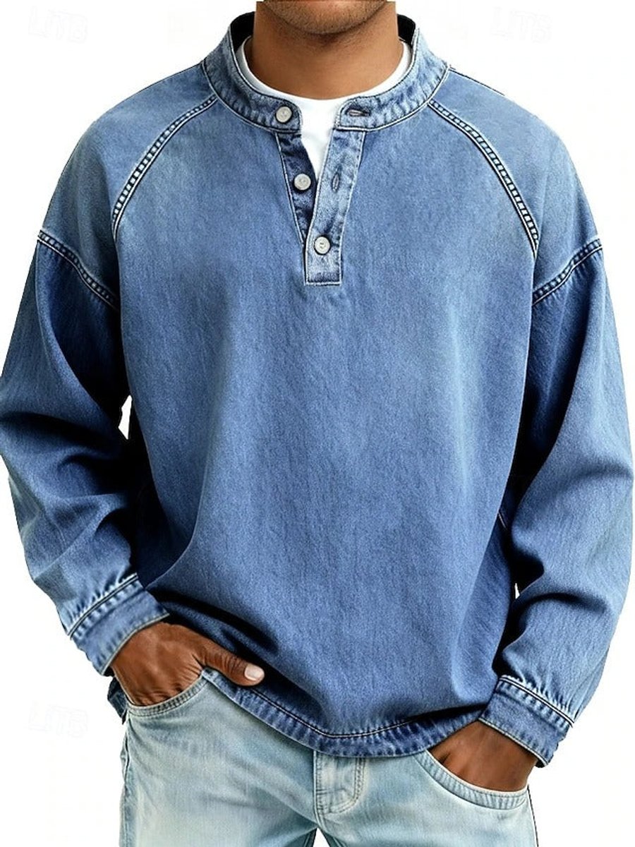 Sem | Heren Retro Henley Mens Knit Sweater Lange Mouwen Used-Look