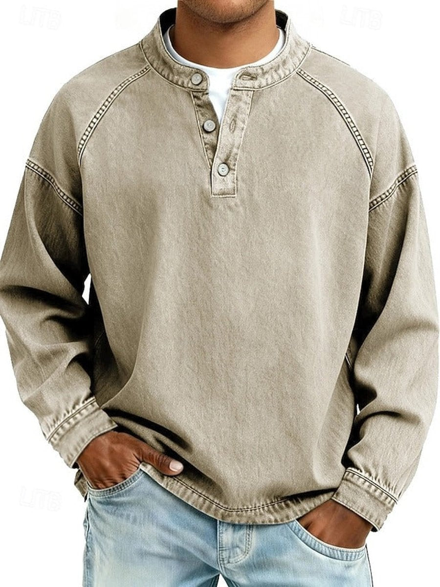 Sem | Heren Retro Henley Mens Knit Sweater Lange Mouwen Used-Look