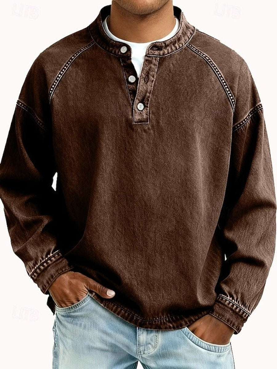 Sem | Heren Retro Henley Mens Knit Sweater Lange Mouwen Used-Look