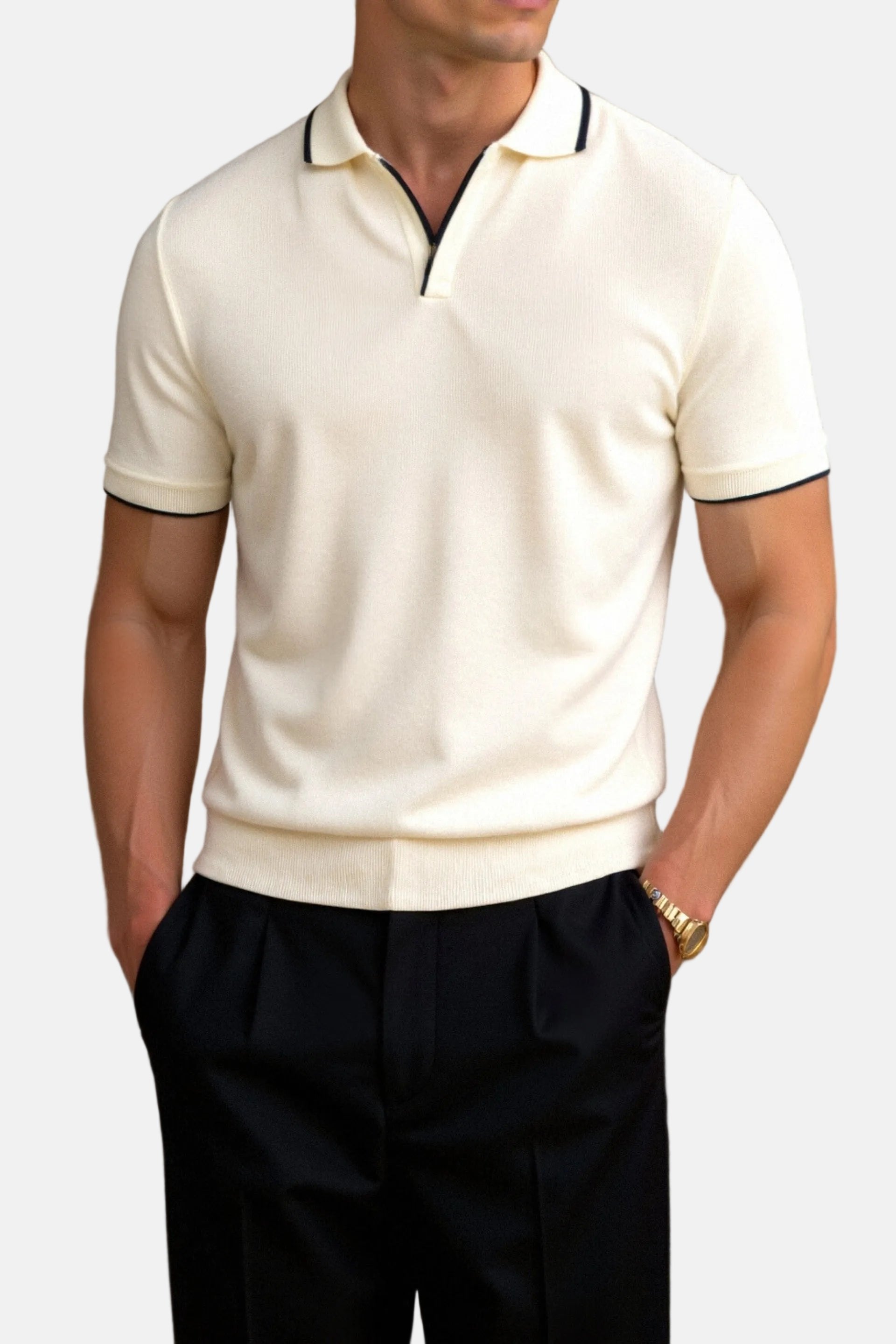 Jayden | Heren Slim-Fit Gebreide Open-Kraag Poloshirt met Contrastbies