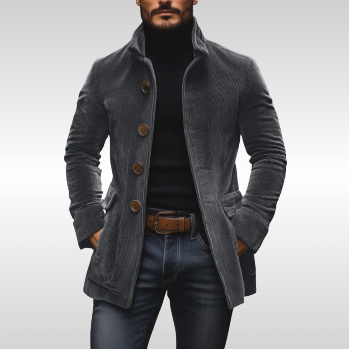 Tim | Heren Slim-Fit Ribfluwelen Mens Wool Coat Staande Kraag