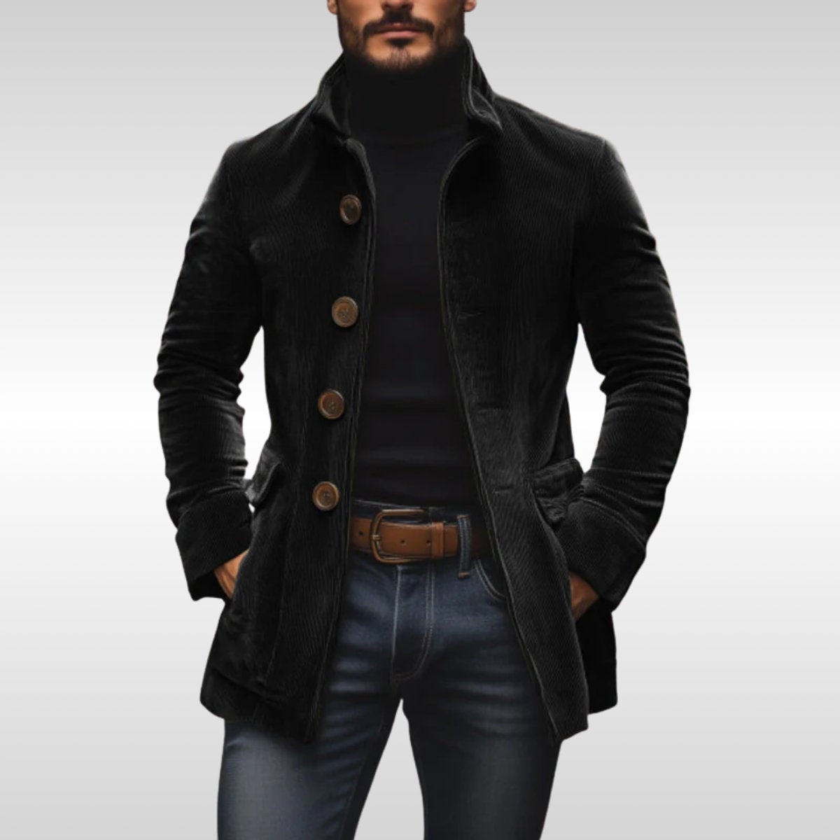 Tim | Heren Slim-Fit Ribfluwelen Mens Wool Coat Staande Kraag
