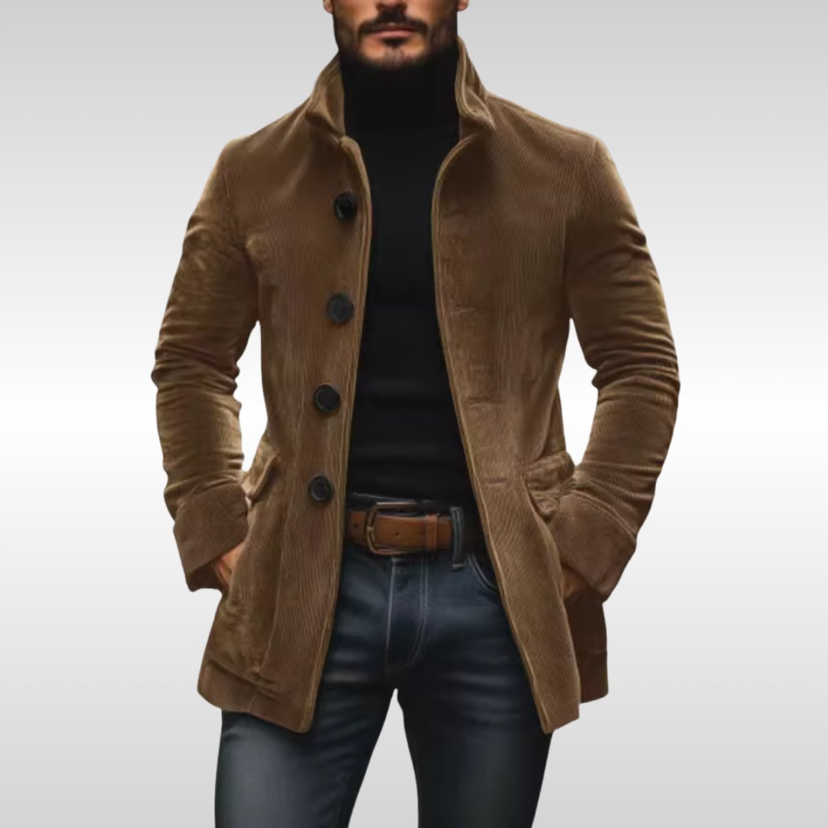 Tim | Heren Slim-Fit Ribfluwelen Mens Wool Coat Staande Kraag