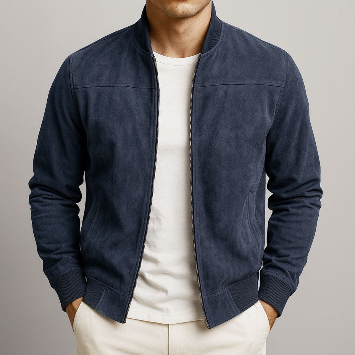 Finn | Heren Suède Bomber Jacket Slim-Fit Ritsluiting