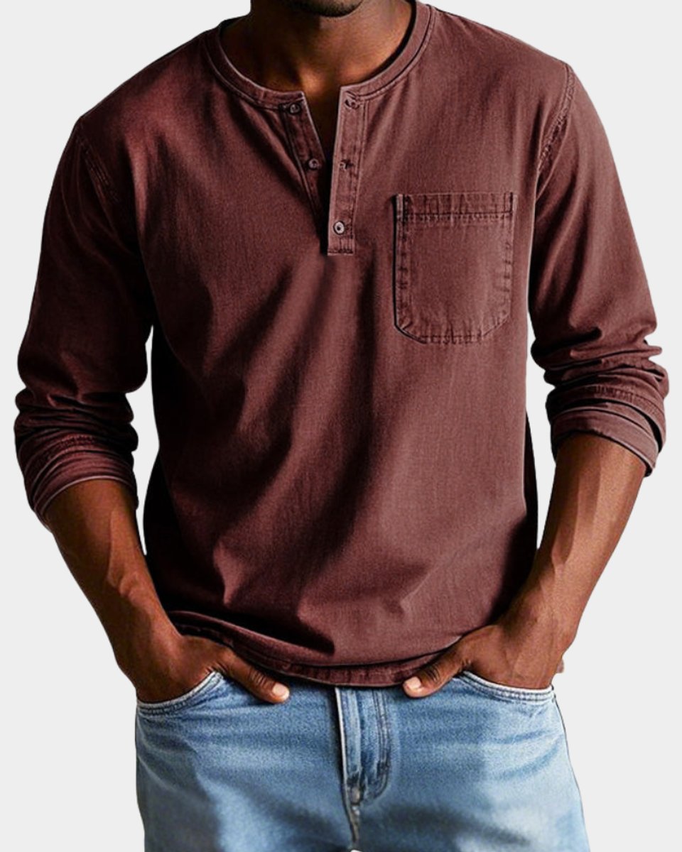 Mees | Heren Vintage Langarm Henley Shirt Borstzak